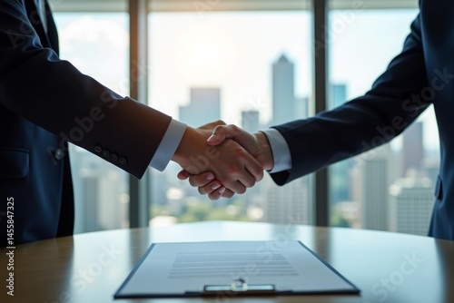 high-quality image of two business partners shaking hands over a signed agreement, modern office with a city skyline view, crisp suit details