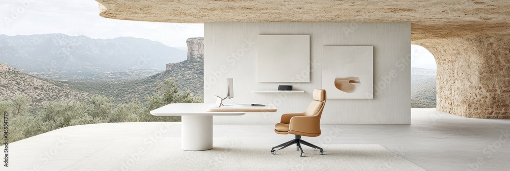Obraz premium Modern minimalist workspace with panoramic views
