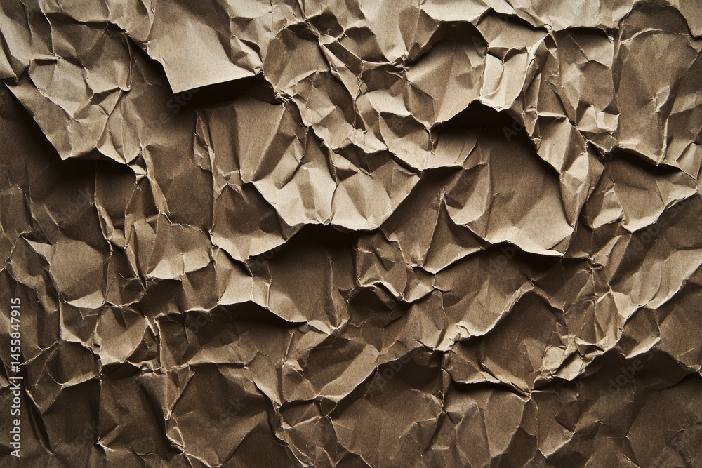 Crinkled kraft paper texture, showing intricate folds and creases. A muted brown hue dominates the surface Crinkled kraft paper texture, showing intricate folds and creases. A muted brown hue dominates the surface