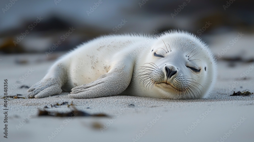 Naklejka premium A tiny, fluffy seal pup rests on the beach