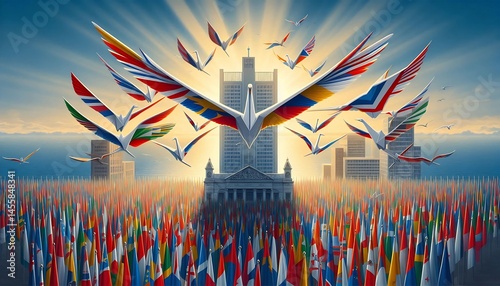 Symbolic illustration of 30 paper cranes flying over The Hague, each with a country’s flag, toward a sunrise — peace through cooperation