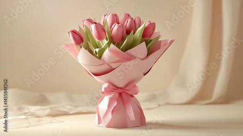 A bouquet of pink tulips wrapped in pink paper isolated on purple background