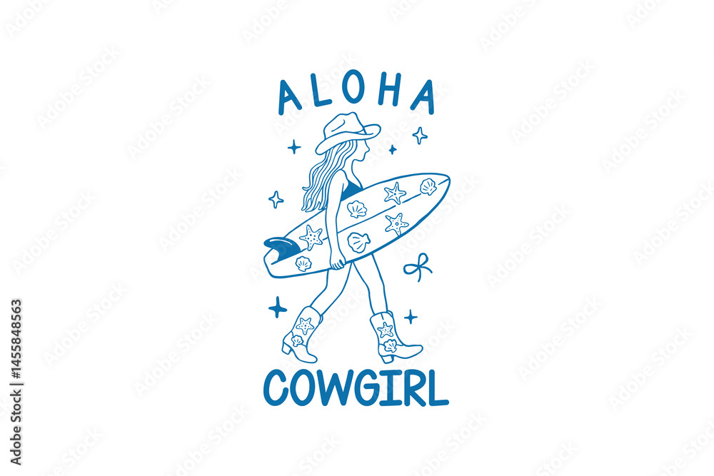 Fototapeta premium Aloha Cowgirl with Surfboard - Western Beach Girl Summer Cowgirl SVG T Shirt Design