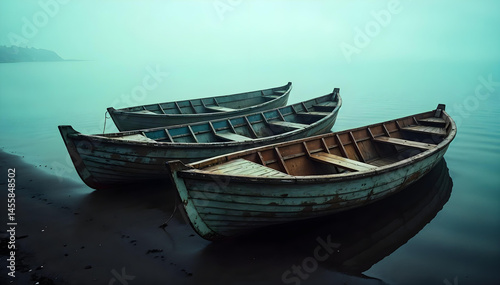 Three Old Wooden Boats on a Misty Lake Shore