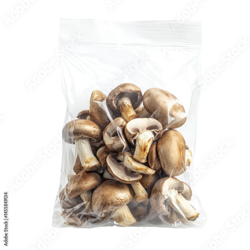 Frozen Mushrooms In Clear Plastic Bag With  isolated on a transparent background