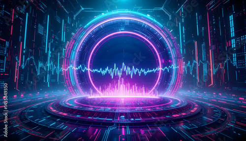 Futuristic Neon Portal Abstract Digital Art, Cyberpunk Sci-Fi Background, Glowing Circle, Energy Waves, Technological Interface