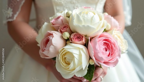 Fototapeta Naklejka Na Ścianę i Meble -  Luxury ivory peonies and blush pink roses bridal bouquet , peonies, wedding, blush pink