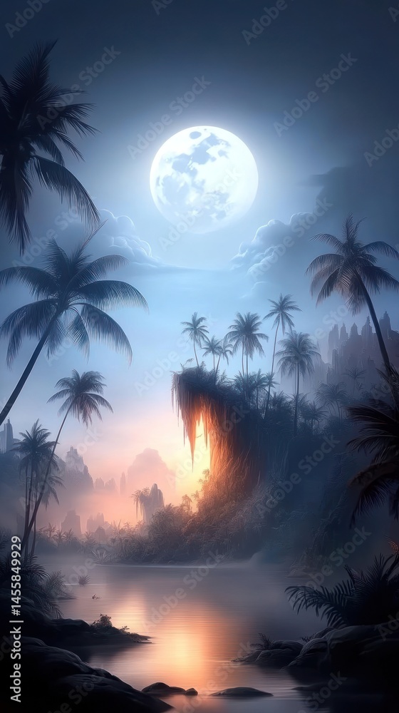 Obraz premium Serene tropical sunrise, full moon, mystical landscape, glowing opening