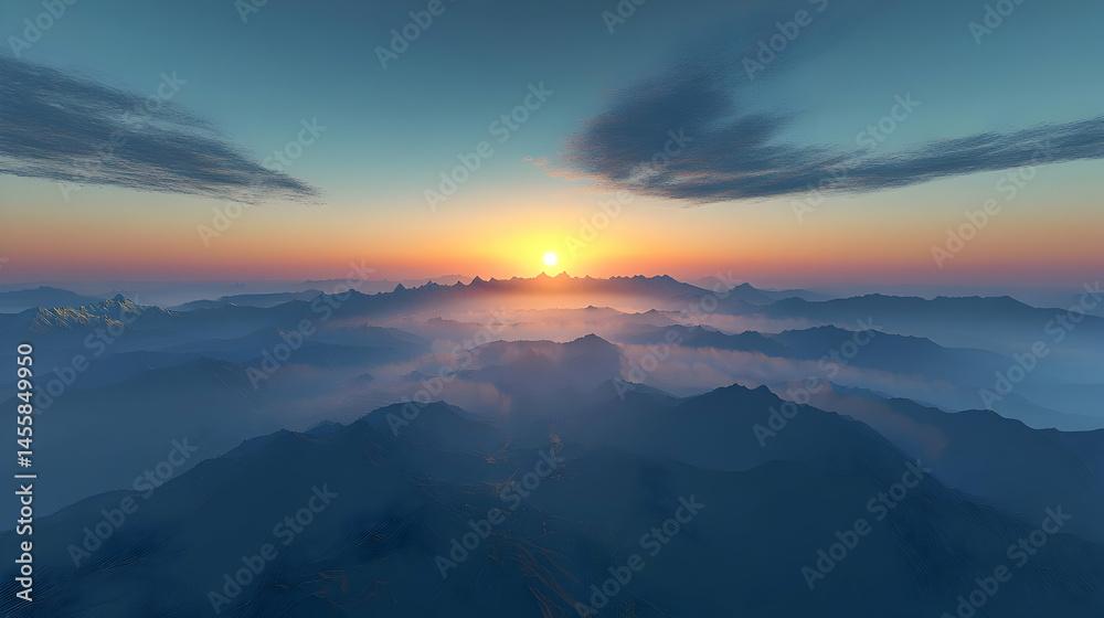 Obraz premium Sunrise over a misty mountain range. A breathtaking vista of a sunrise illuminating a landscape of layered mountains shrouded in ethereal clouds. Soft light bathes the peaks and valleys