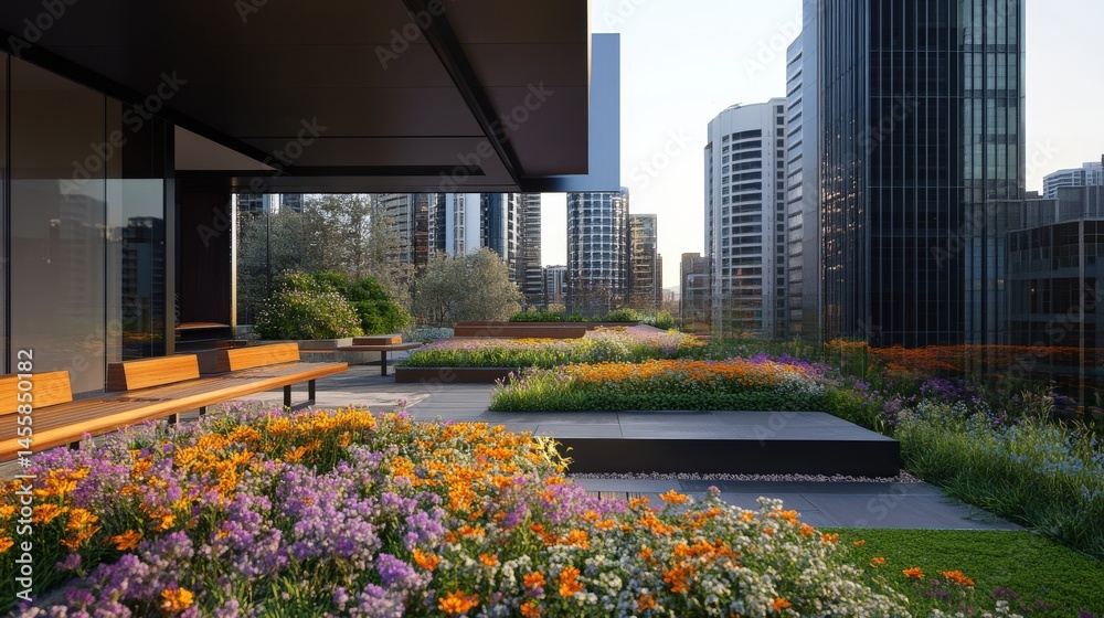 Fototapeta premium Stunning Urban Rooftop Garden with Flower Beds and Cityscape View