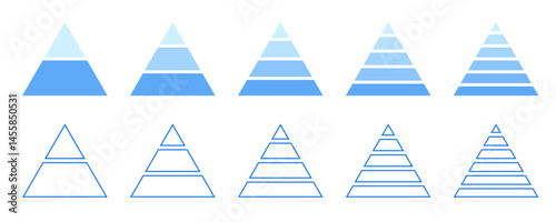 Pyramid chart set. Infographics template with 2, 3, 4, 5, 6 steps. Triangular layer diagram.