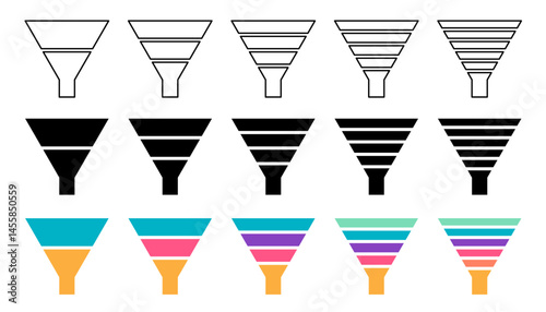 Funnel sale icon set. Marketing diagram with 2,3,4,5,6 steps. Infographic cone chart templates outline and flat style
