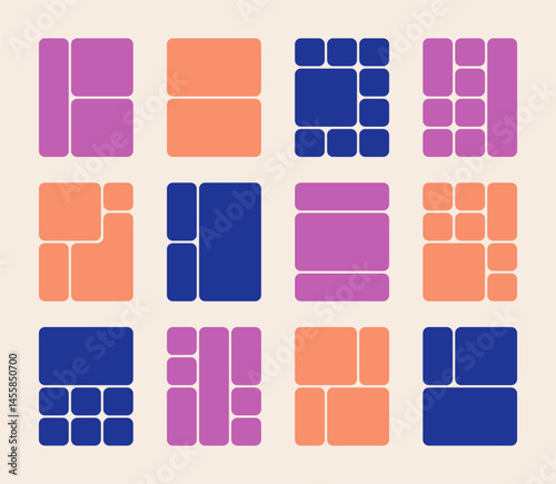 Creative bento grid template set. Colorful trendy geometric brick layout collection. Pictures collages with trendy Y2k elements.