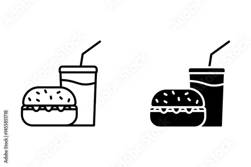  Fast Food Unhealthy Diet Icon. Vector Linear Illustration of Burger and Soda, Representing Poor Dietary Choices and Health Risks.