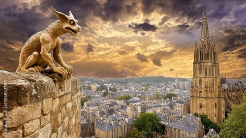 Gargoyle guardian watching old european city skyline under dramatic sunset creating a sense of mystery and gothic architecture history