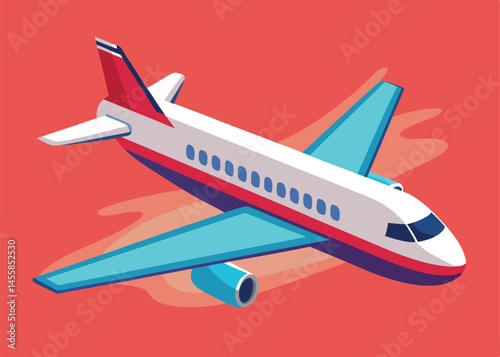 Modern Airplane in Flight Red Background Travel Illustration