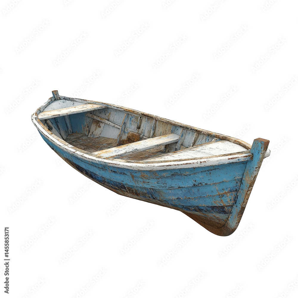 Old wooden boat resting on shore with weathered blue paint and rustic charm in a coastal setting Old wooden boat resting on shore with weathered blue paint and rustic charm in a coastal setting