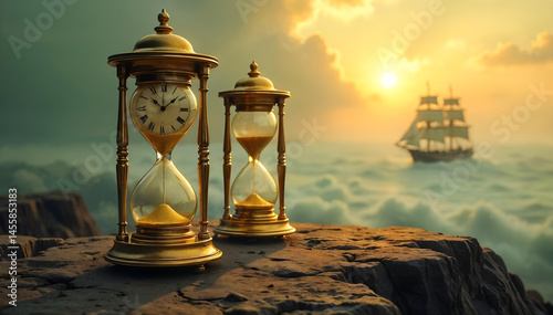 Antique Hourglasses and Clock on Rocky Cliff at Sunset
