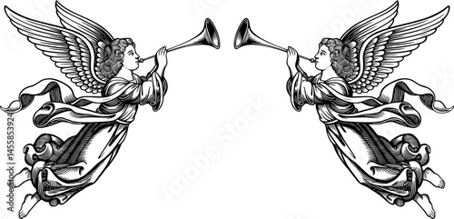  Stylized Angel illustration plays Trumpet and Feathered Wings vector – Black and White Religious Art Illustration