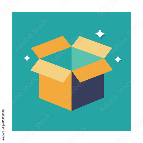 Open box illustration with sparkles in flat design for delivery and packaging concepts