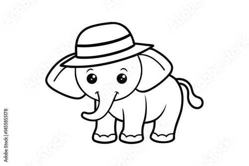 Line art drawing of a baby elephant wearing a long hat.eps