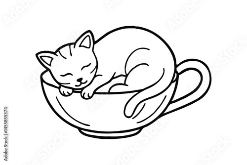 Line art drawing of a cat curled up sleeping in a teacup.eps