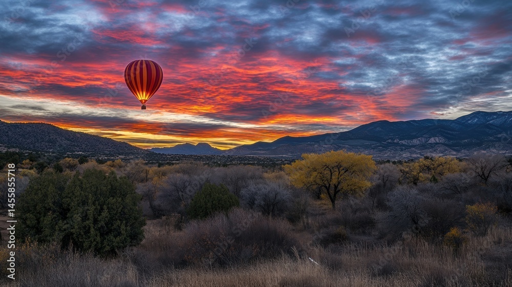 Obraz premium Hot air balloon over scenic mountain landscape at sunrise