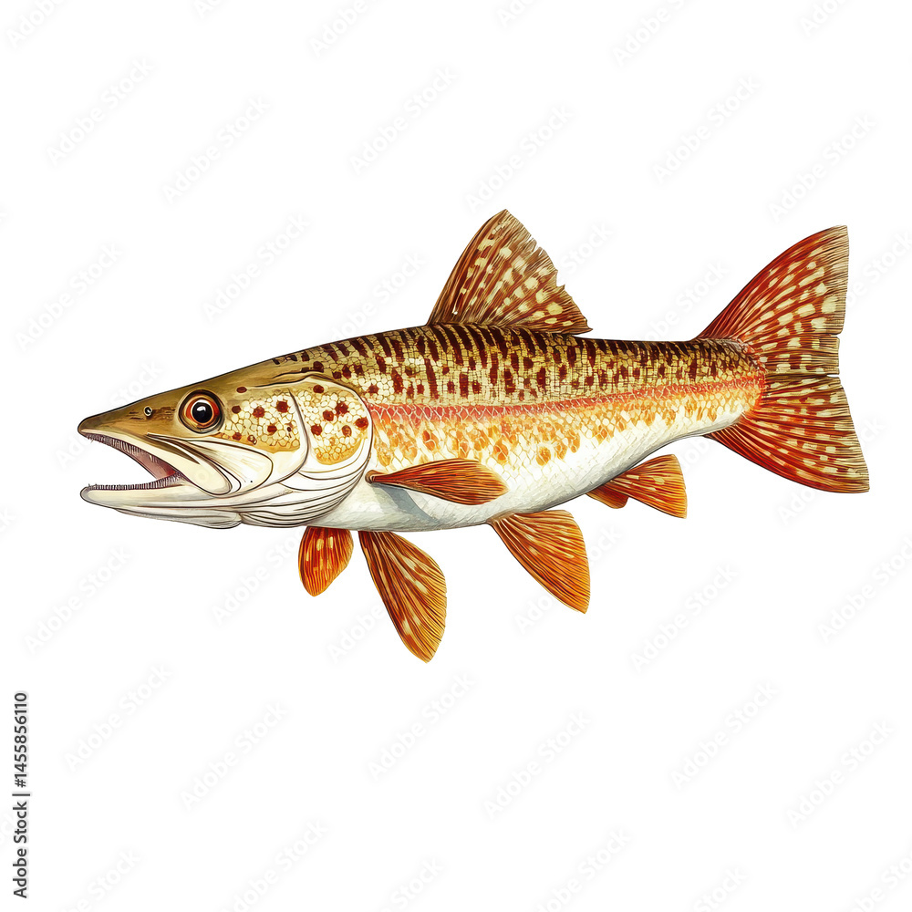 Fototapeta premium Detailed illustration of a trout swimming in a clear freshwater environment with vibrant colors showcasing unique features