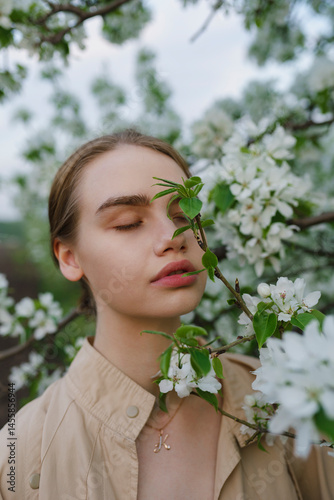 Young woman with closed eyes standing by a blossoming apple tree outdoors
