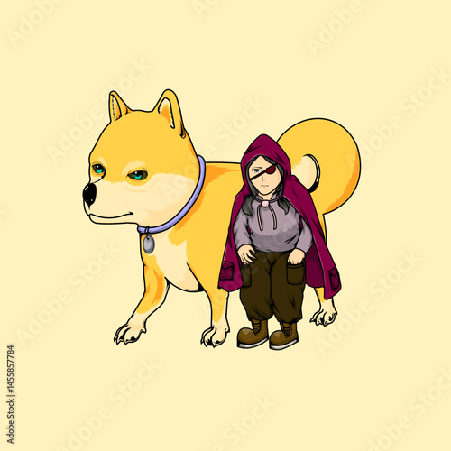 Shiba Inu dog and a mysterious girl with an eyepatch. Vector art.