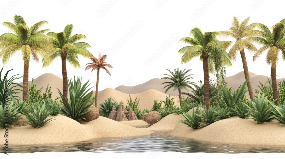 Lush Oasis in Desert Setting Surrounded by Tropical Palm Trees Lush Oasis in Desert Setting Surrounded by Tropical Palm Trees
