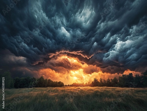Dramatic Storm Clouds Over a Grassy Field at Sunset