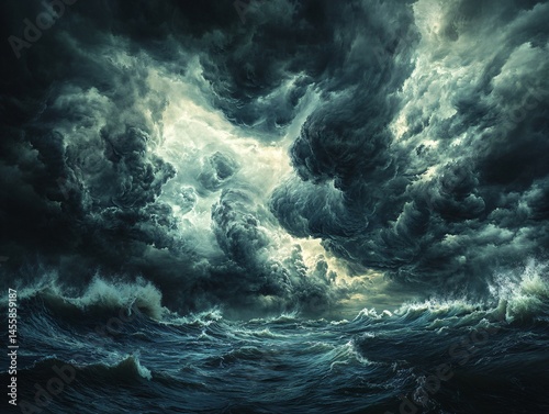 Tempestuous Ocean: A Dramatic Dance of Dark Clouds and Crashing Waves in a Storm