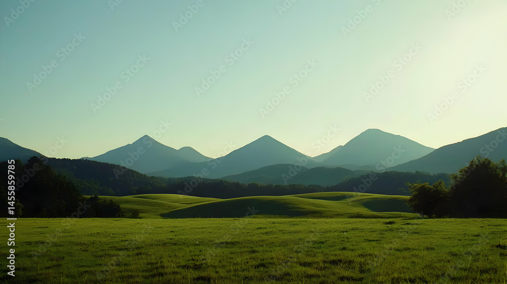 Naklejka premium Lush green valley stretching to a mountain range under a pale sky