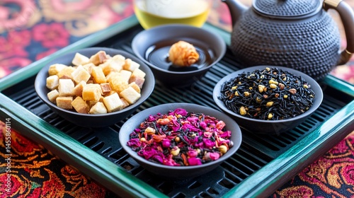 Elegant Tea Ceremony Preparation: Aromatic Herbs, Teapot and Dried Fruits Display