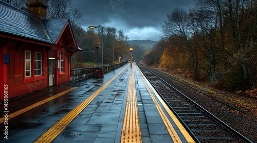 Rainy day at a rural train station, awaiting the next train on the tracks.