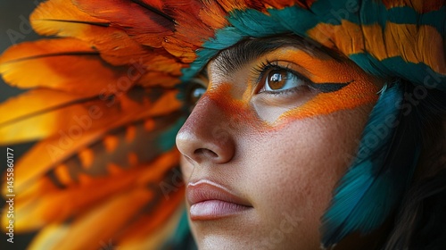 Native American Woman with Traditional Headdress: A Close-Up Portrait