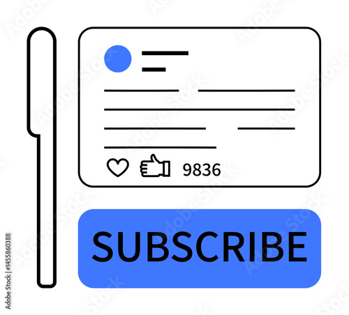 Social media card featuring profile details, engagement metrics thumbs up likes and hearts, and blue Subscribe button. Ideal for content creation, user engagement, digital marketing, branding, online