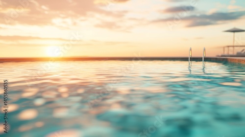Tranquil blurred reflection of a swimming pool under a warm sunset sky with gentle water ripples