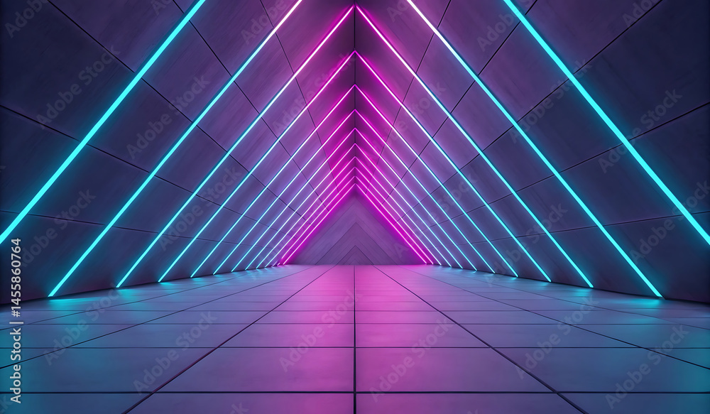 Obraz premium Abstract Neon Triangle Corridor Pink and Blue Glowing Lines Digital Art Background