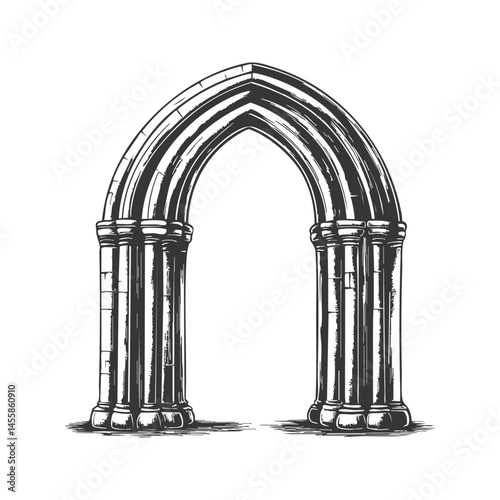 Gothic Archway Architectural Design Black And White Silhouette Illustration. Historical Architecture And Medieval Structure Isolated Vector Illustration