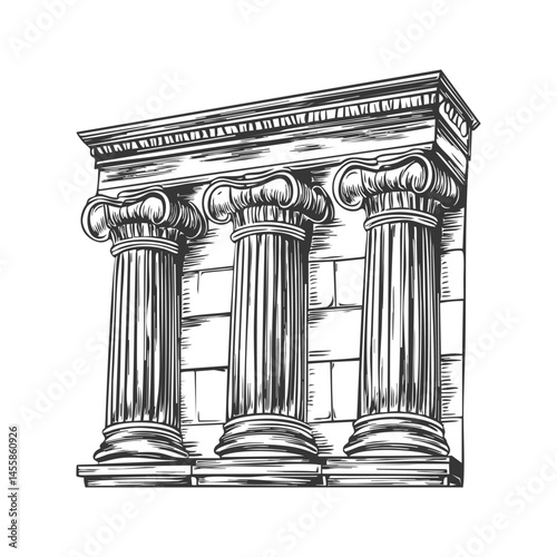 Three Ionic Columns Architectural Design Black And White Silhouette Illustration. Classical Greek Architecture And Heritage. Isolated Vector Illustration
