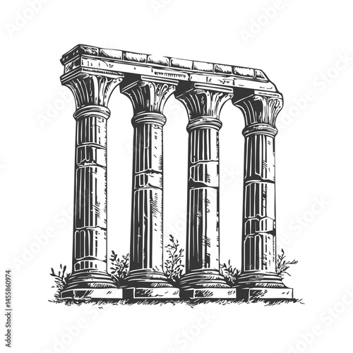 Ancient Greek Columns Black And White Silhouette Illustration. Classical Architecture And Historical Significance. Isolated Vector Illustration