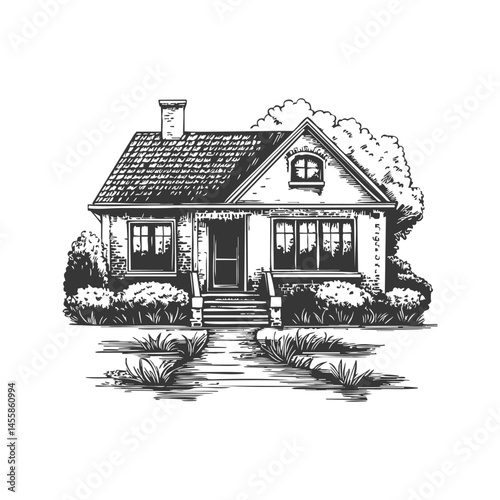 Charming Cottage House Black And White Silhouette Illustration. Cozy Home With Garden Pathway And Bushes Isolated Vector Illustration