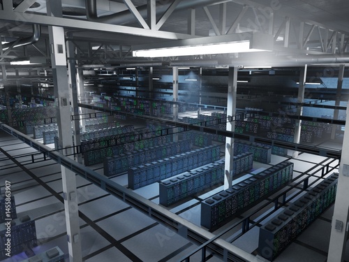 High tech facility blockchain infrastructure processing crypto data streams and transaction models. Server racks managing deep learning computing for decentralized systems, 3D rendering