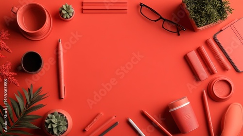 Red workspace with assorted stationery and plants.  Organized, colorful, and minimalist