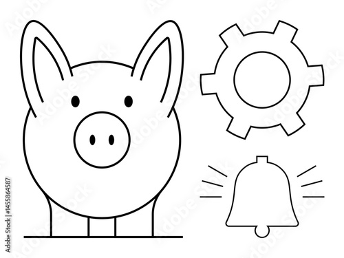 Piggy bank alongside a gear and alert bell suggesting savings, system optimization, and notifications. Ideal for finance, economy, banking, alerts, settings, optimization simple landing page