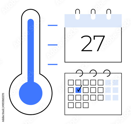 Thermometer indicates levels next to dual calendars, dated and marked. Ideal for time management, progress tracking, health monitoring, planning, productivity, reminders deadlines. Flat simple