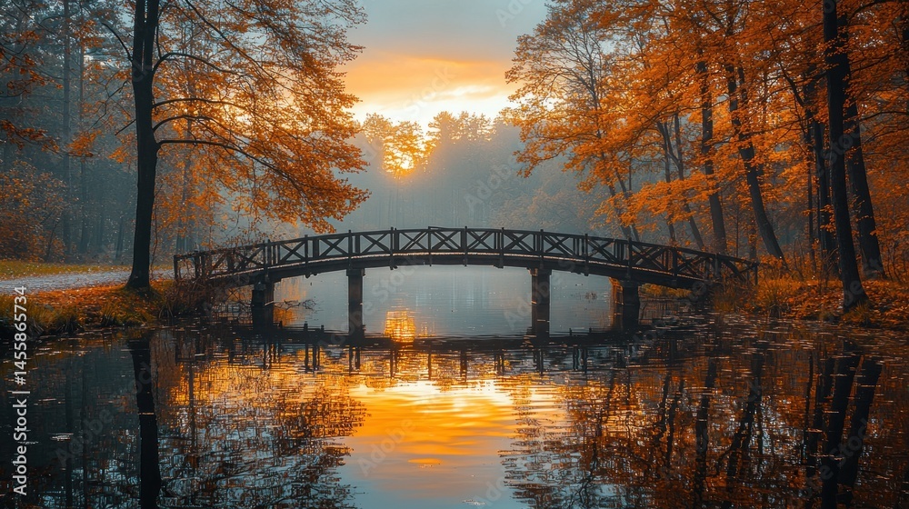 Fototapeta premium Autumnal Wooden Bridge over a Calm Pond