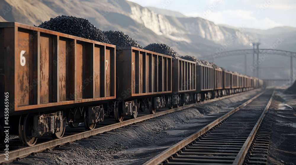 Fototapeta premium Heavy coal train cars loaded with cargo on railway tracks.